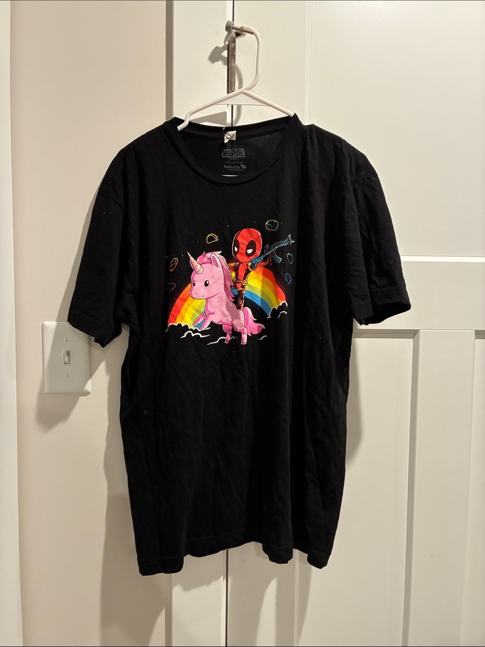 Marvel Kids Black Tee with Pink Unicorn and Rainbow Deadpool Graphic